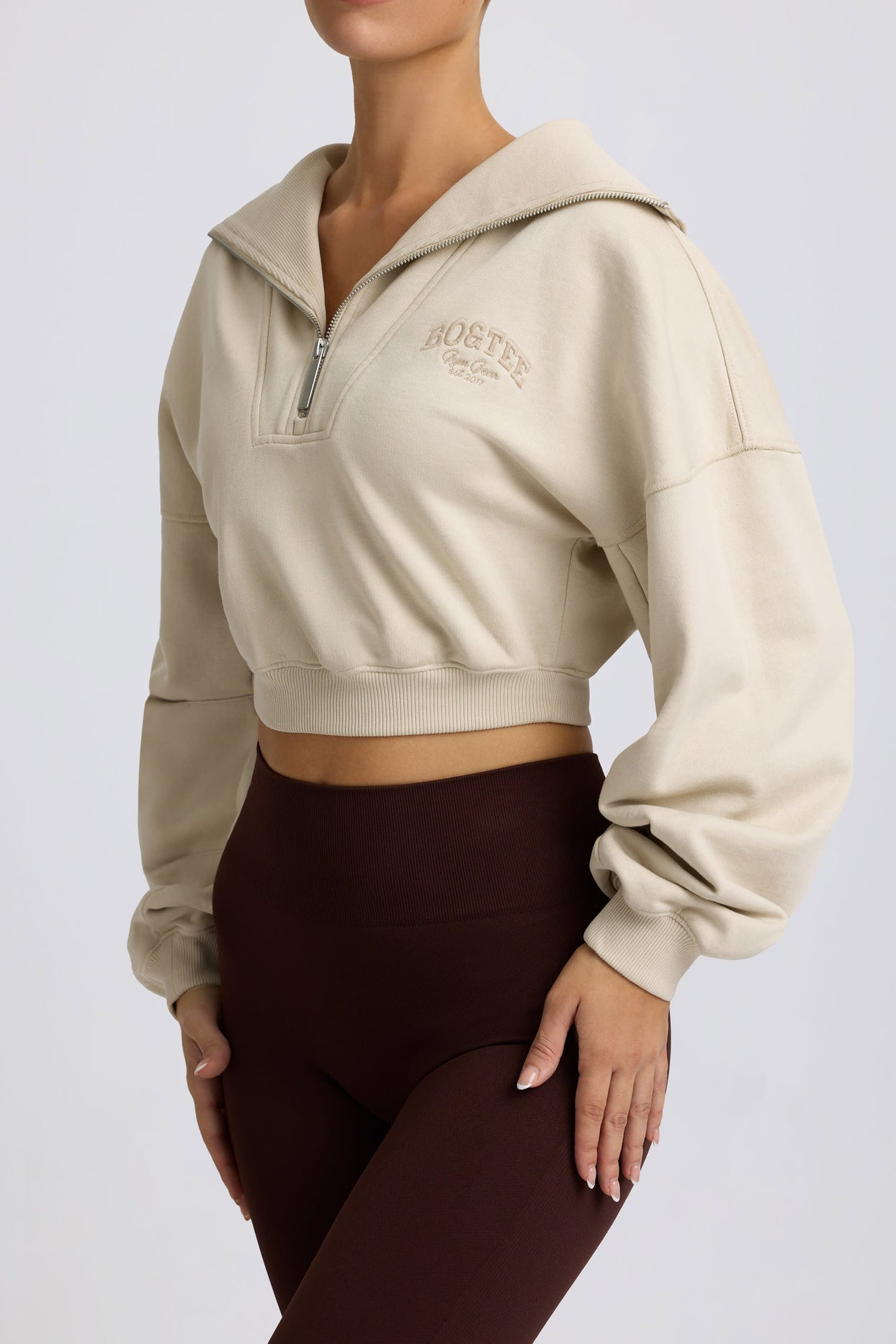 Quarter-Zip Cropped Sweatshirt in Bone