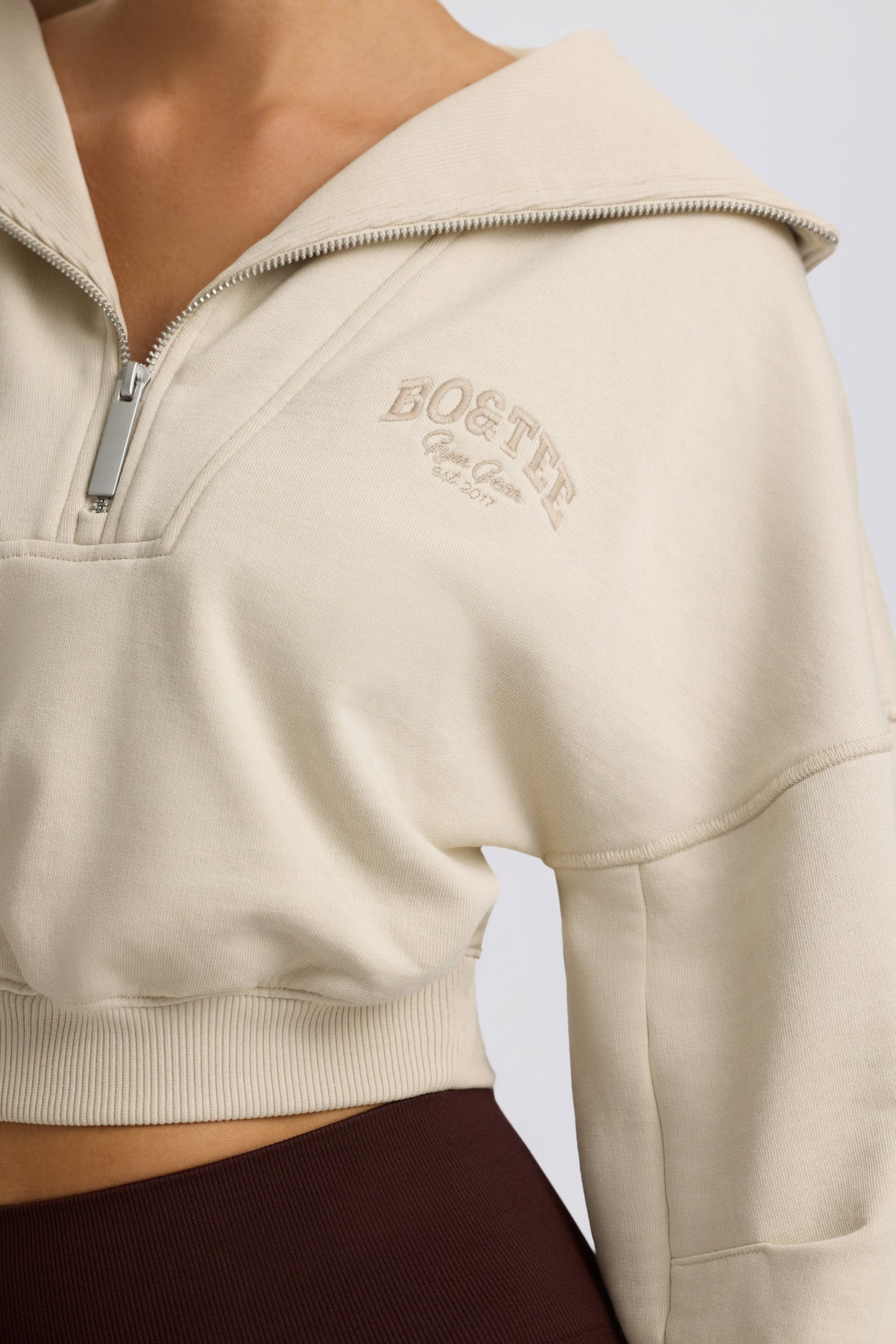 Quarter-Zip Cropped Sweatshirt in Bone