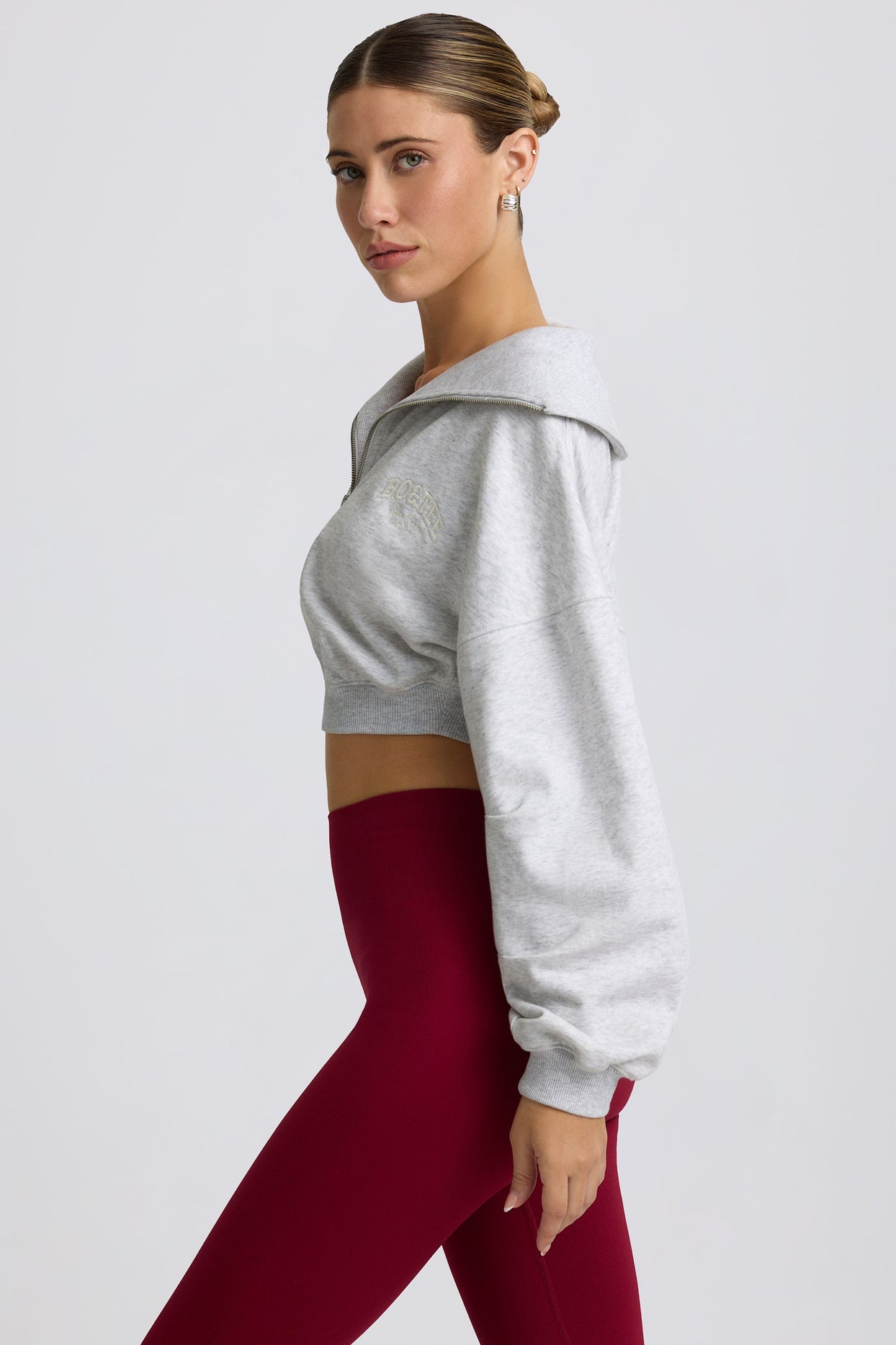 Quarter-Zip Cropped Sweatshirt in Grey Marl