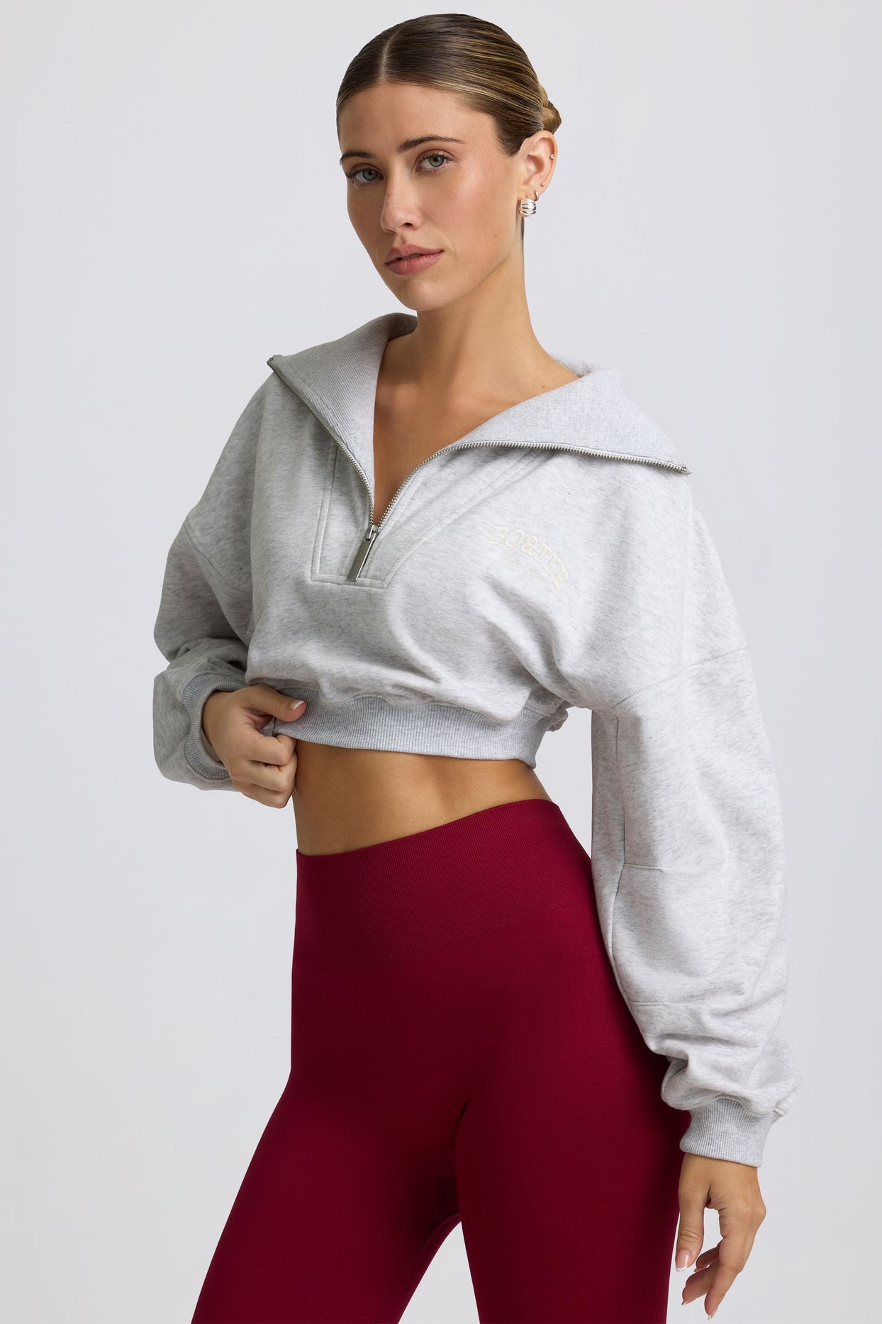 Quarter-Zip Cropped Sweatshirt in Grey Marl