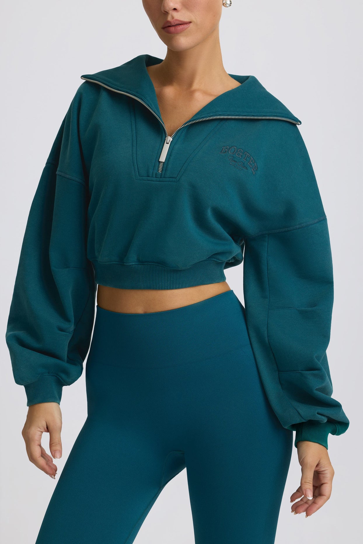 Quarter-Zip Cropped Sweatshirt in Teal