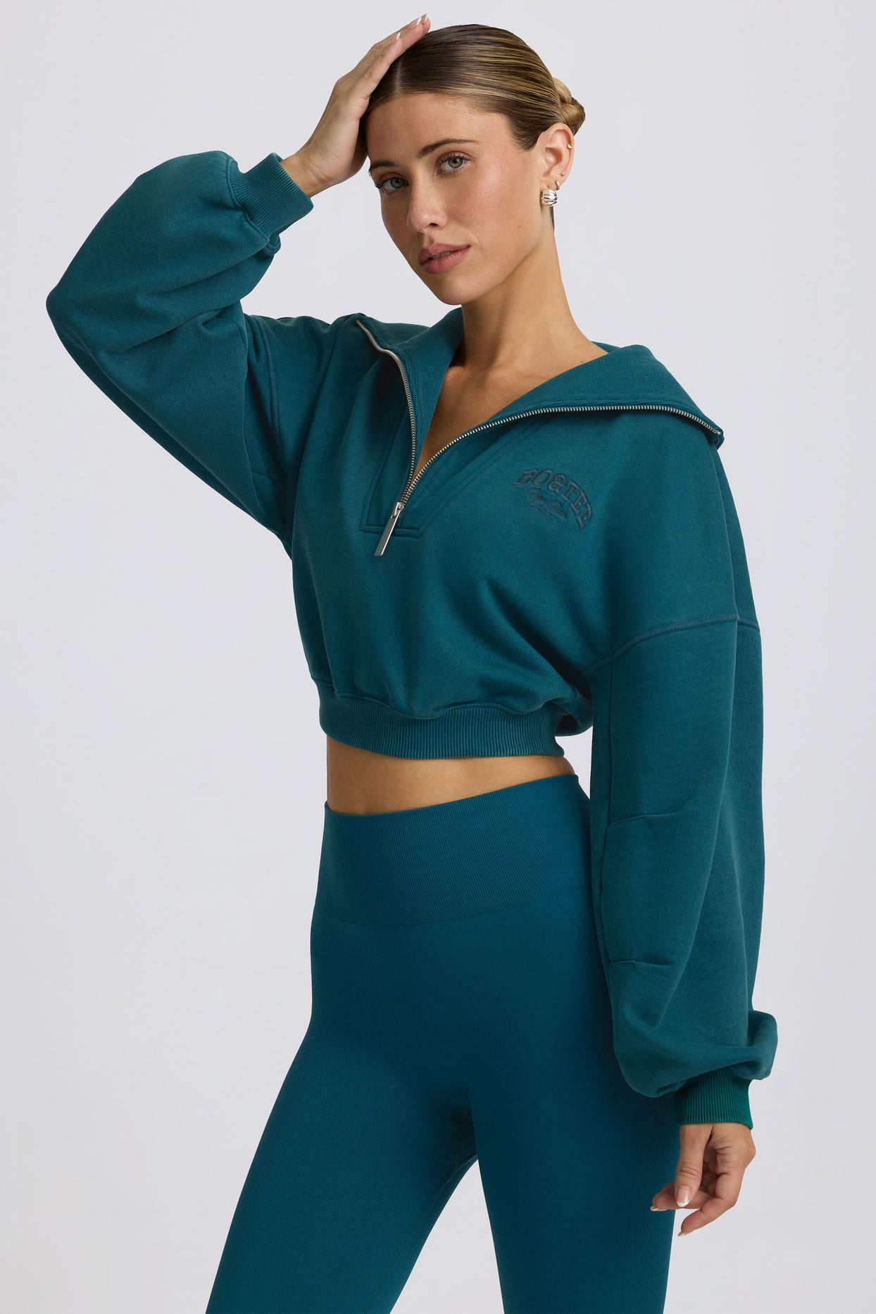 Quarter-Zip Cropped Sweatshirt in Teal