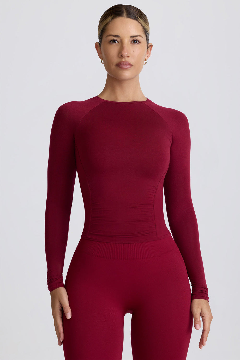 Tencel Modal Ruched Long-Sleeve Top in Burgundy