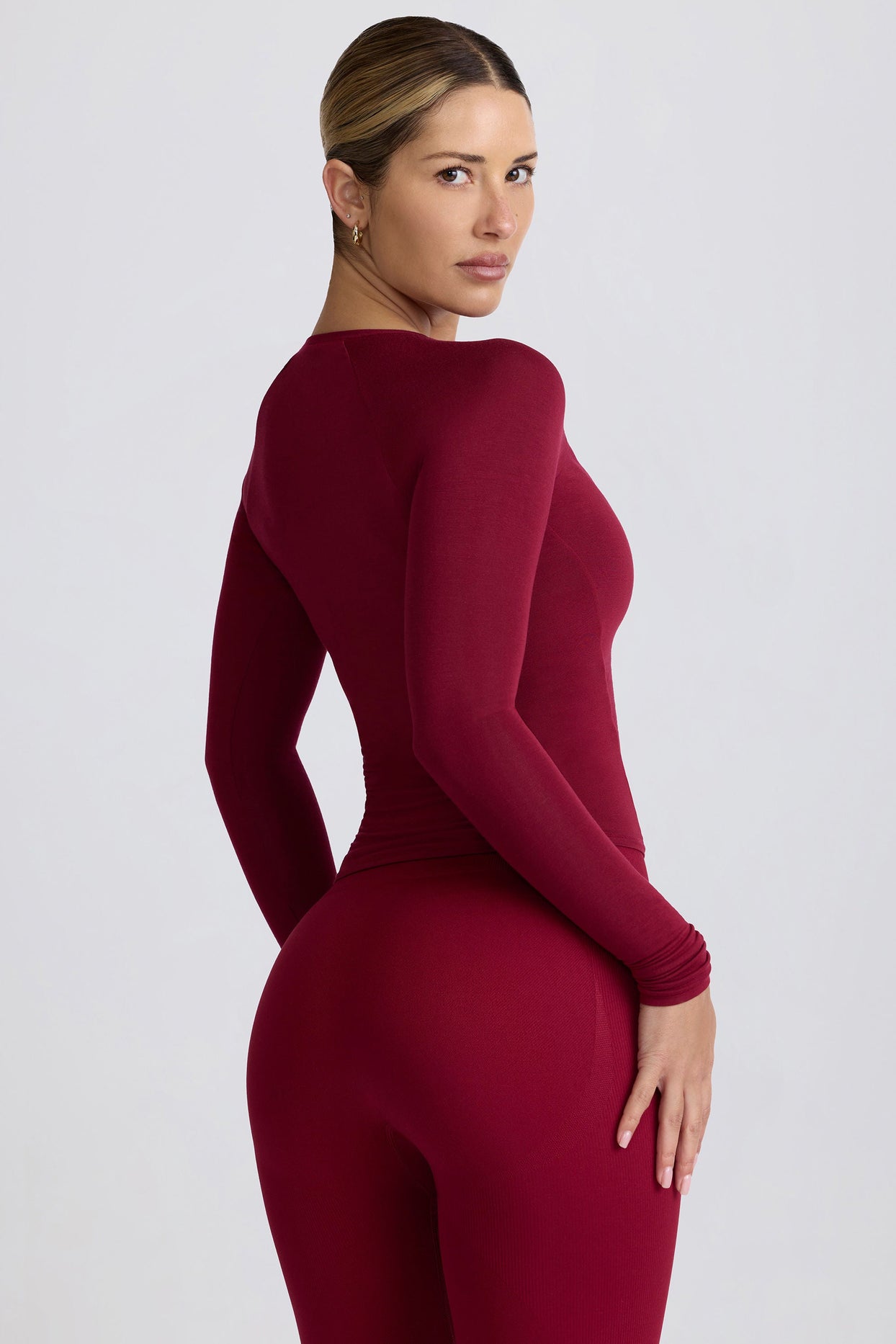 Tencel™ Modal Ruched Long-Sleeve Top in Burgundy