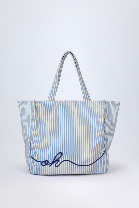 Oversized Canvas Tote Bag in Teal Blue Double Stripe