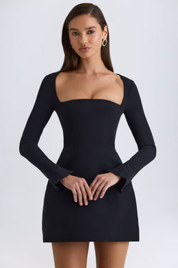 Square-Neck Structured Tulip Mini Dress in Black