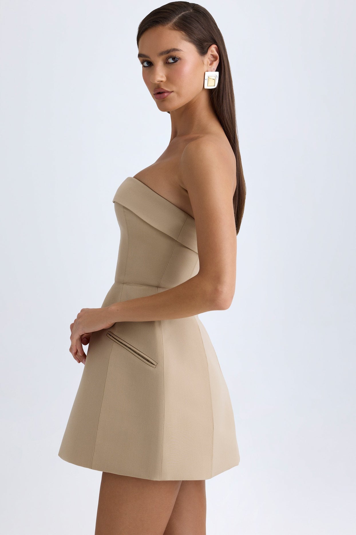 petite camel knit slouchy mini dress with tie wrap around Tora Cream Wrap Tie Mini Dress - US 8