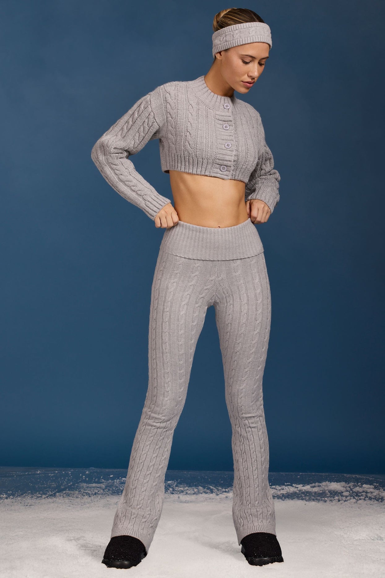 Tall Cable-Knit Flared Trousers in Grey Marl