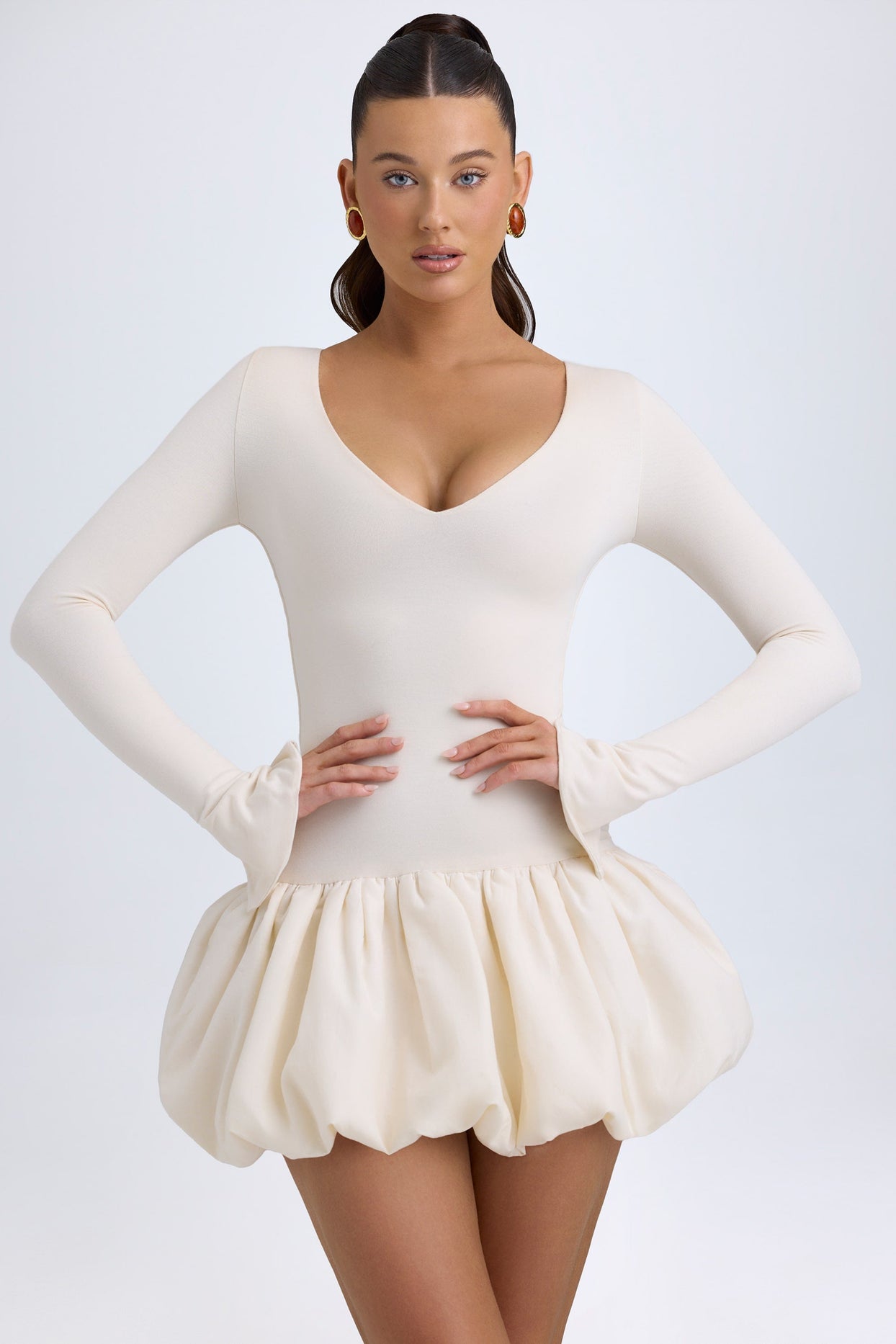 Modal Drop-Waist Bubble Hem Mini Dress in Ivory