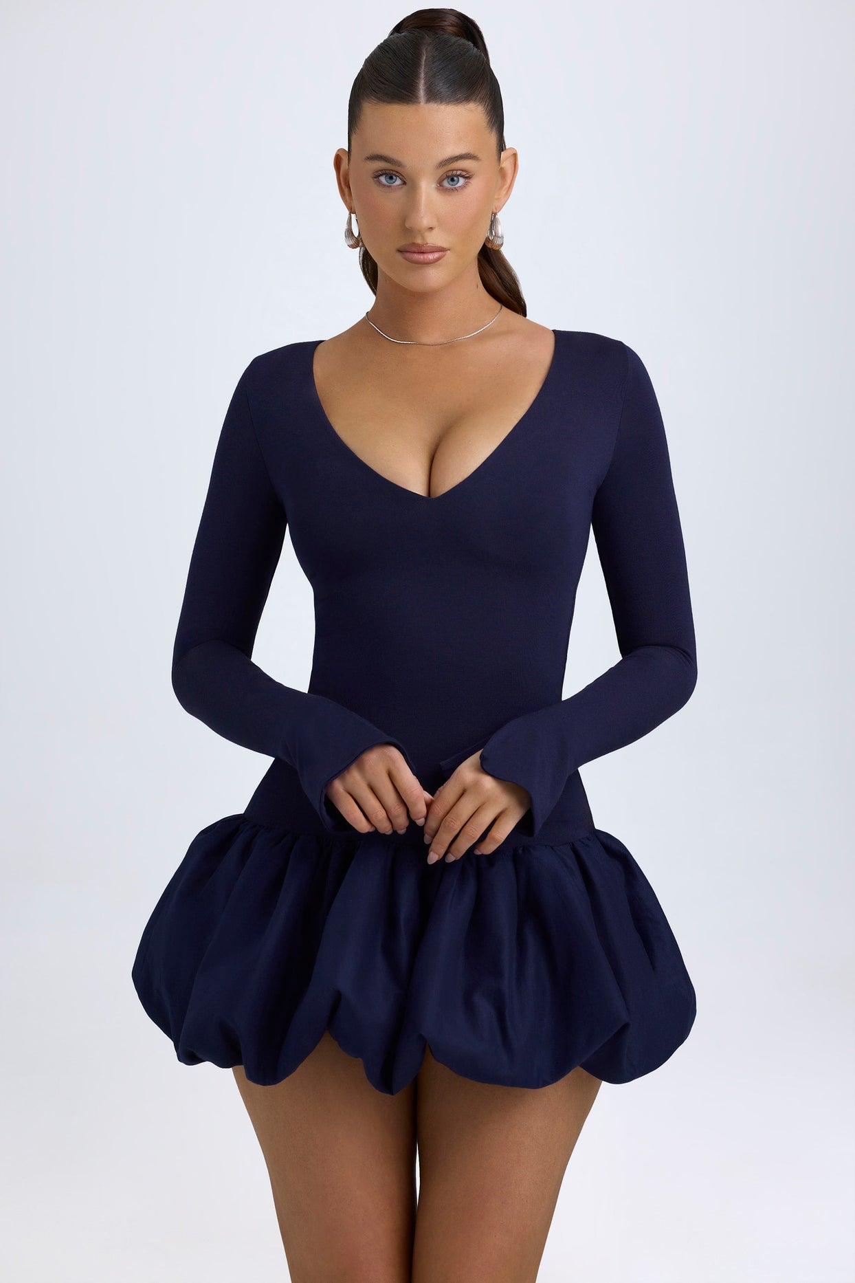 Modal Drop-Waist Bubble Hem Mini Dress in True Navy