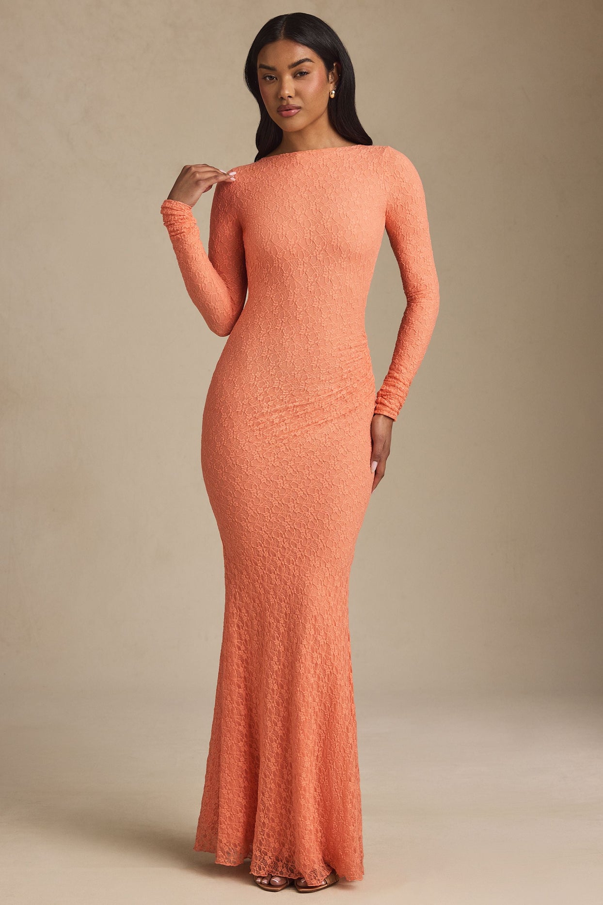 Ruched Backless Lace Maxi Dress in Peach