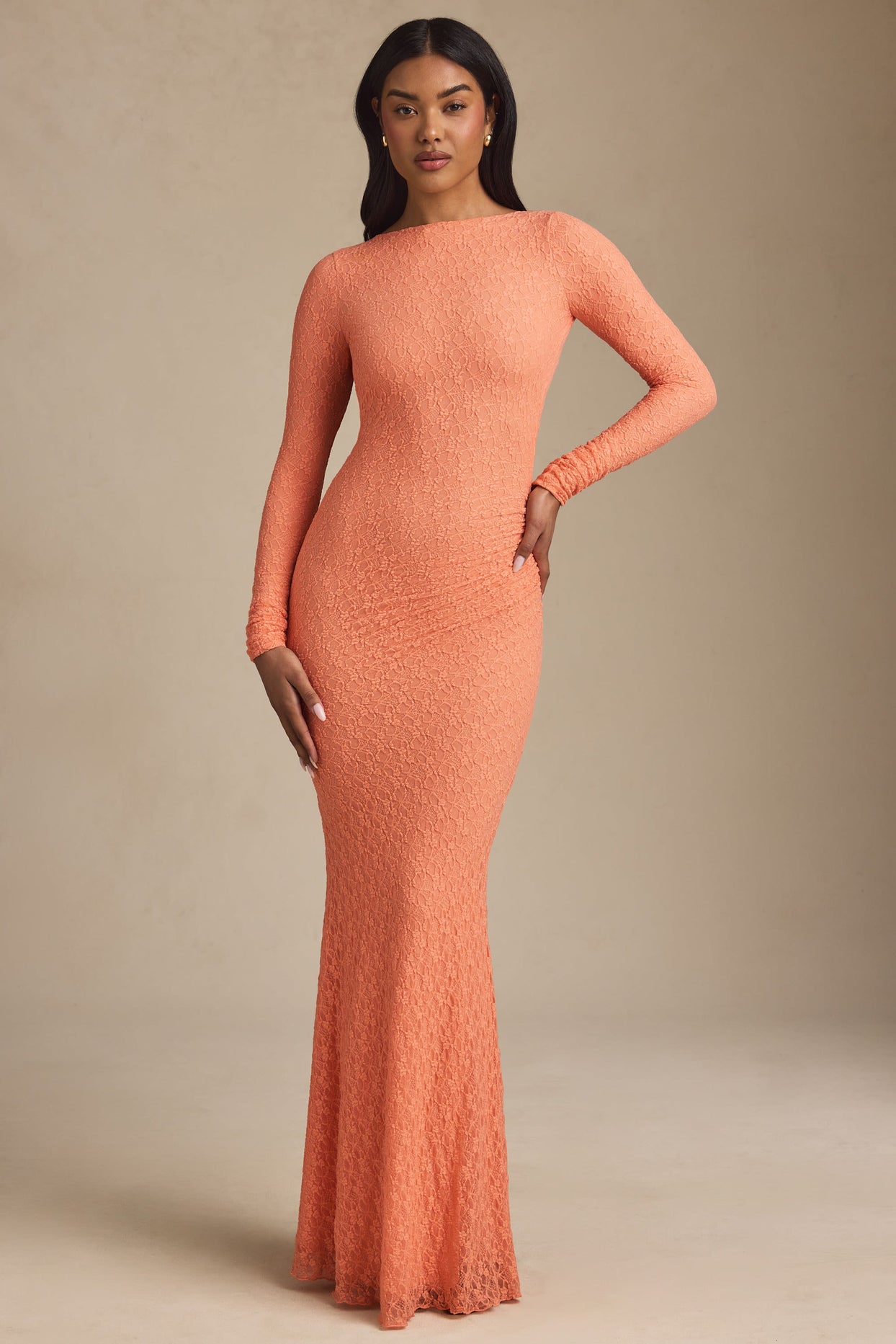 Ruched Backless Lace Maxi Dress in Peach