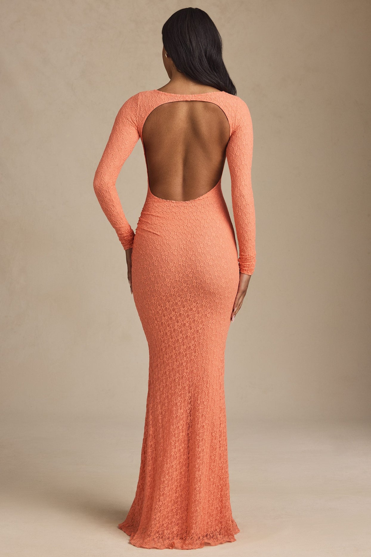 Ruched Backless Lace Maxi Dress in Peach