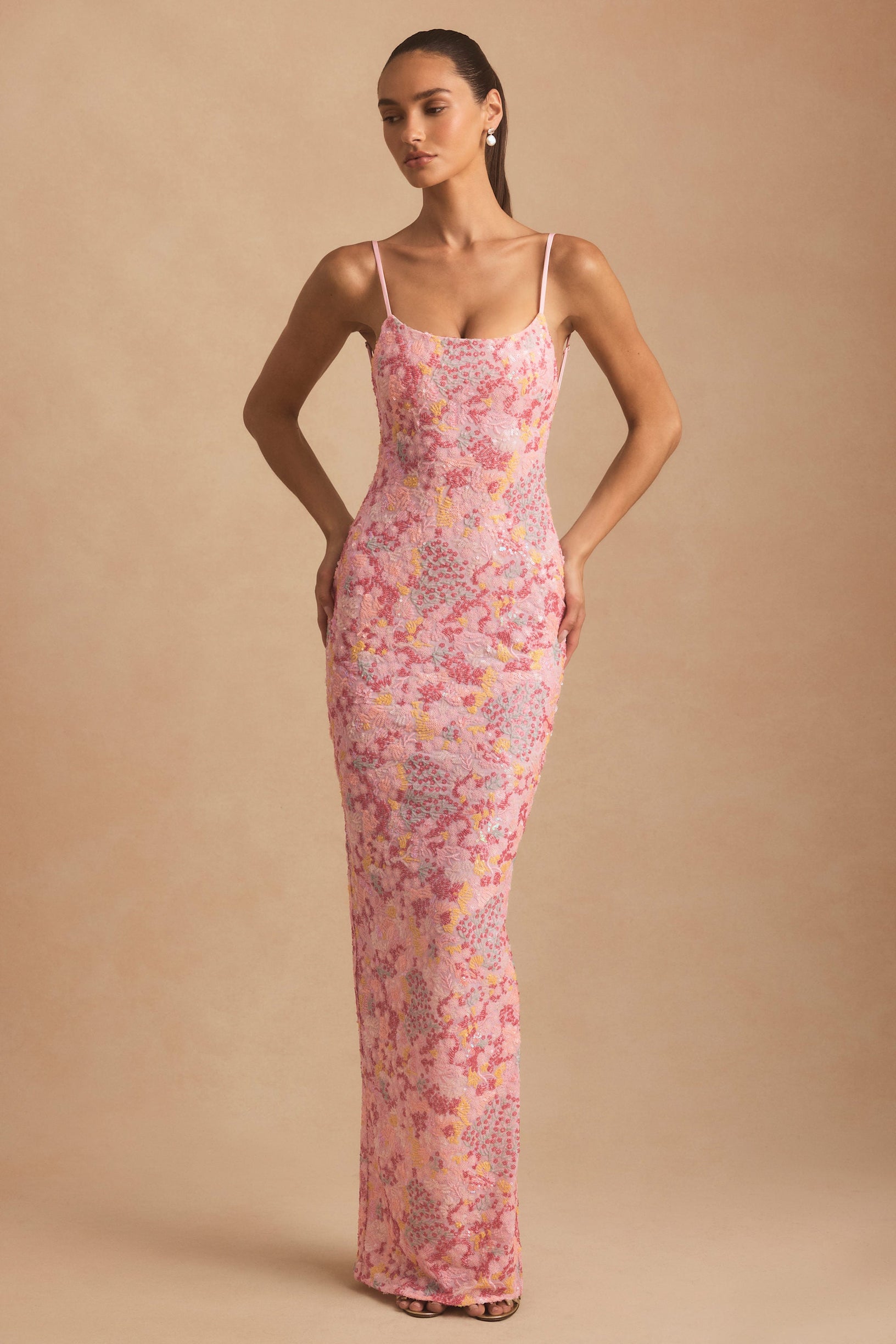 Embellished Scoop-Neck Backless Maxi Dress in Pink - 2