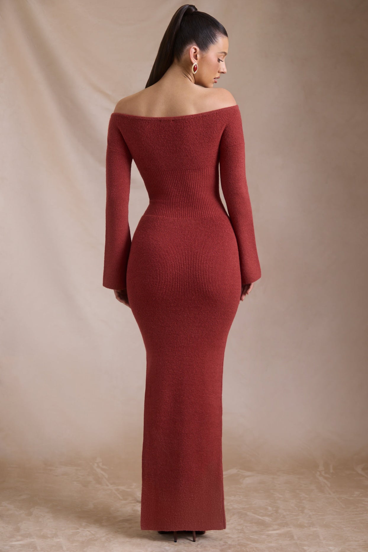 Ribbed-Knit Off-Shoulder Maxi Dress in Brick Red - Main Image