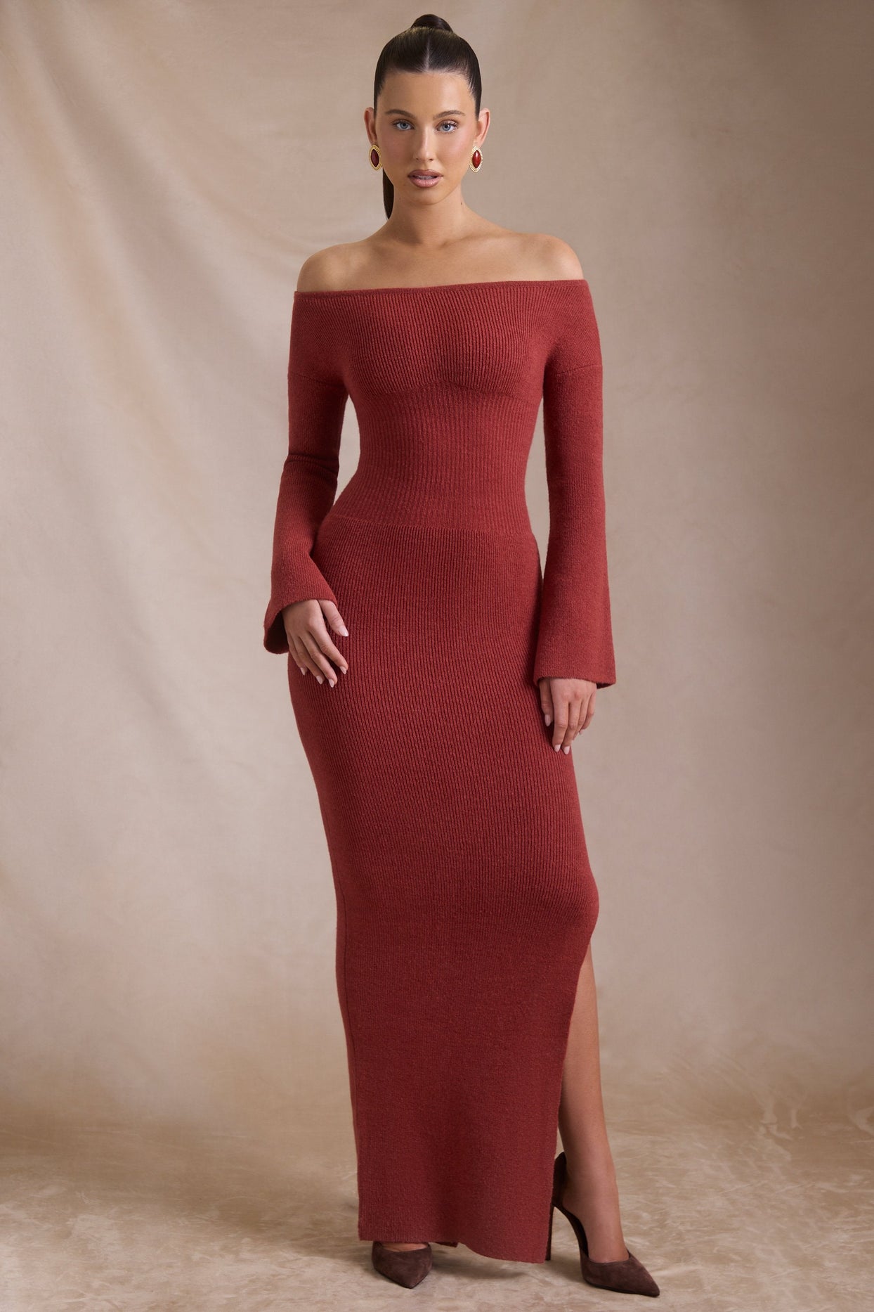 Ribbed-Knit Off-Shoulder Maxi Dress in Brick Red