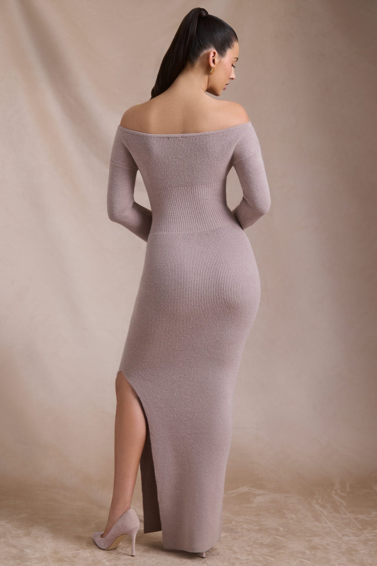 Ribbed-Knit Off-Shoulder Maxi Dress in Taupe Ribbed-Knit Off-Shoulder Maxi Dress in Taupe