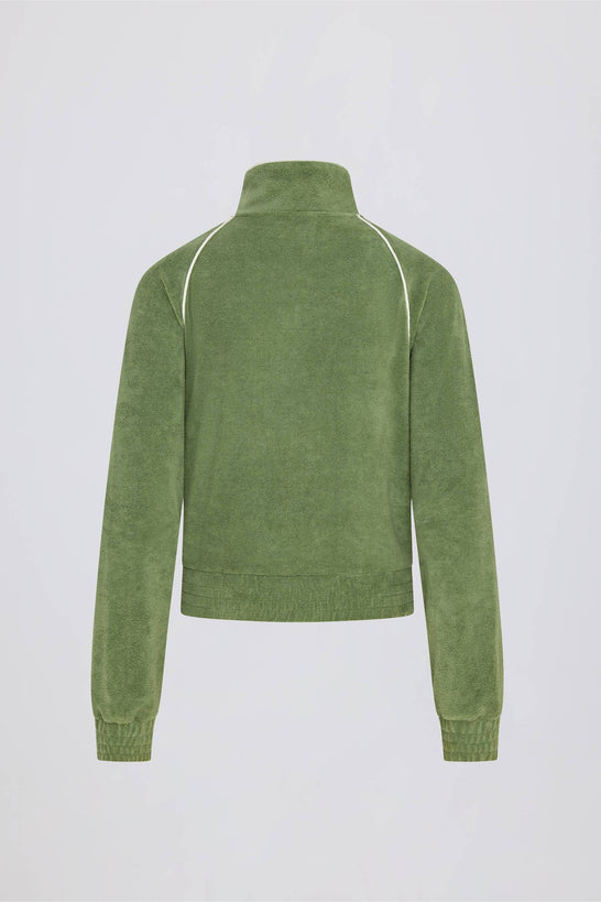 Terry Towelling Zip-Up Cropped Sweatshirt in Green