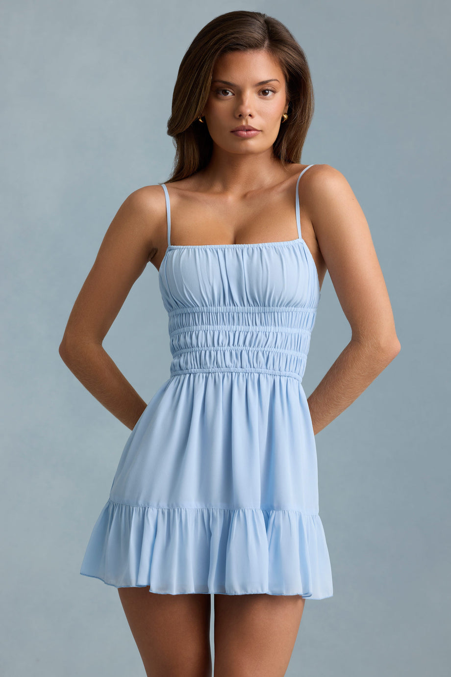 Shirred Camisole Mini Dress in Sky Blue