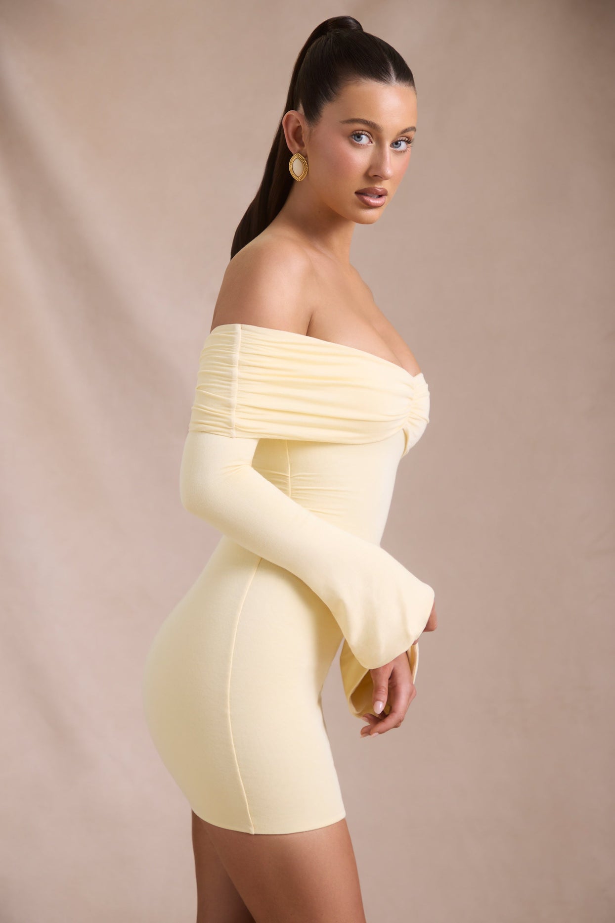 Modal-Cashmere Blend Off-Shoulder Ruched Mini Dress in Butter Yellow