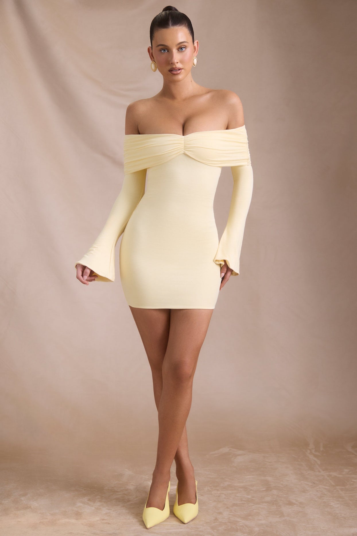 Modal-Cashmere Blend Off-Shoulder Ruched Mini Dress in Butter Yellow