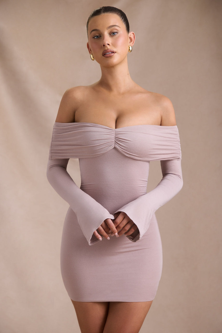 Modal-Cashmere Blend Off-Shoulder Ruched Mini Dress in Taupe