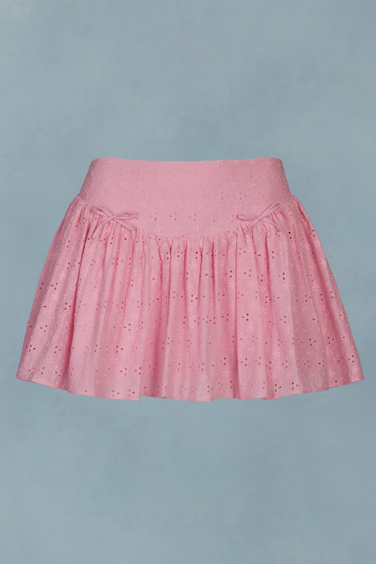 Bow-Detail Broderie Anglaise Mini Skirt in Soft Pink