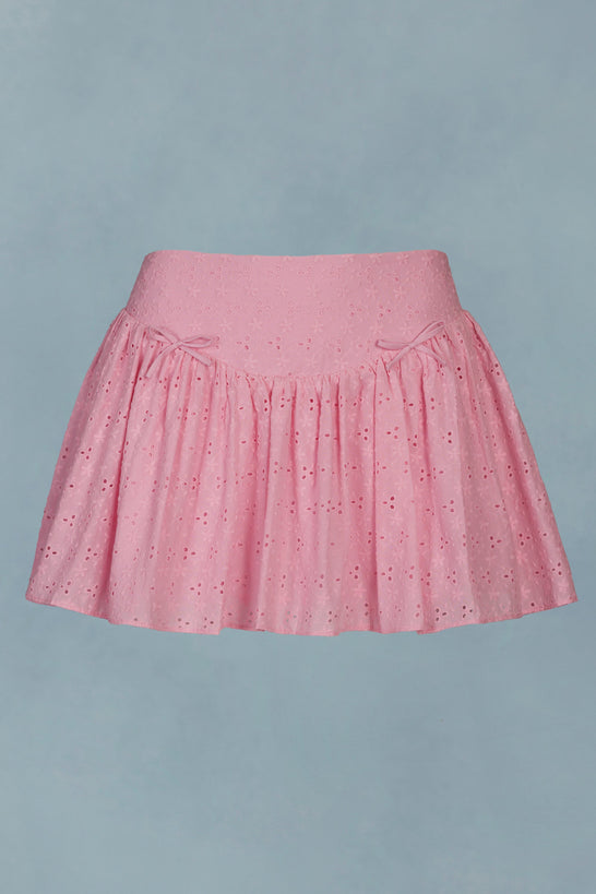 Bow-Detail Broderie Anglaise Mini Skirt in Soft Pink