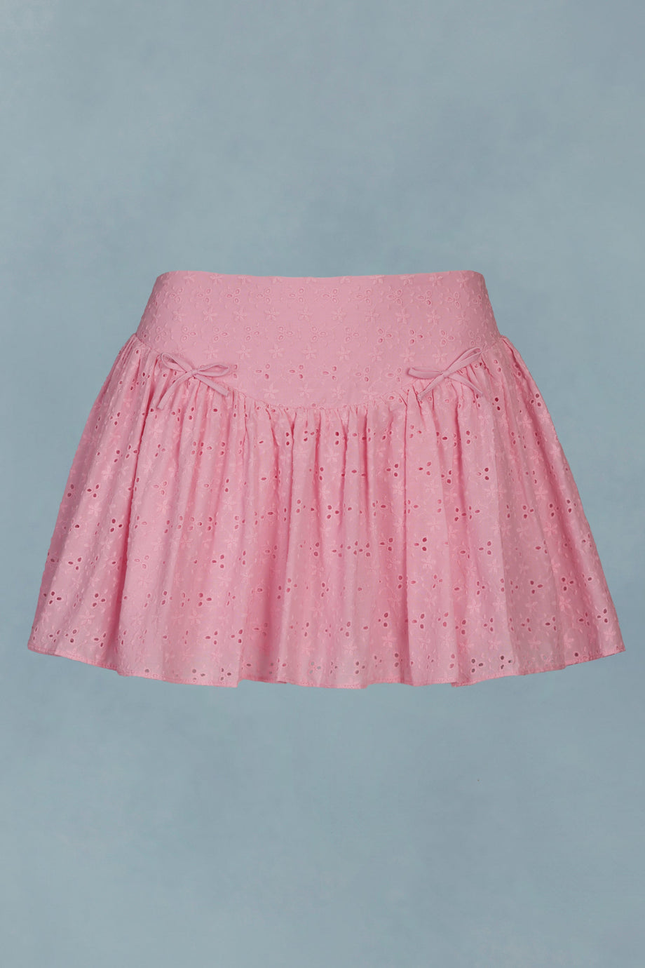 Bow-Detail Broderie Anglaise Mini Skirt in Soft Pink