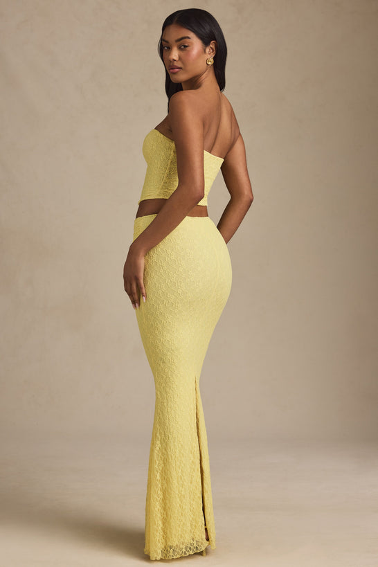 Draped Low-Rise Lace Maxi Skirt in Pastel Yellow