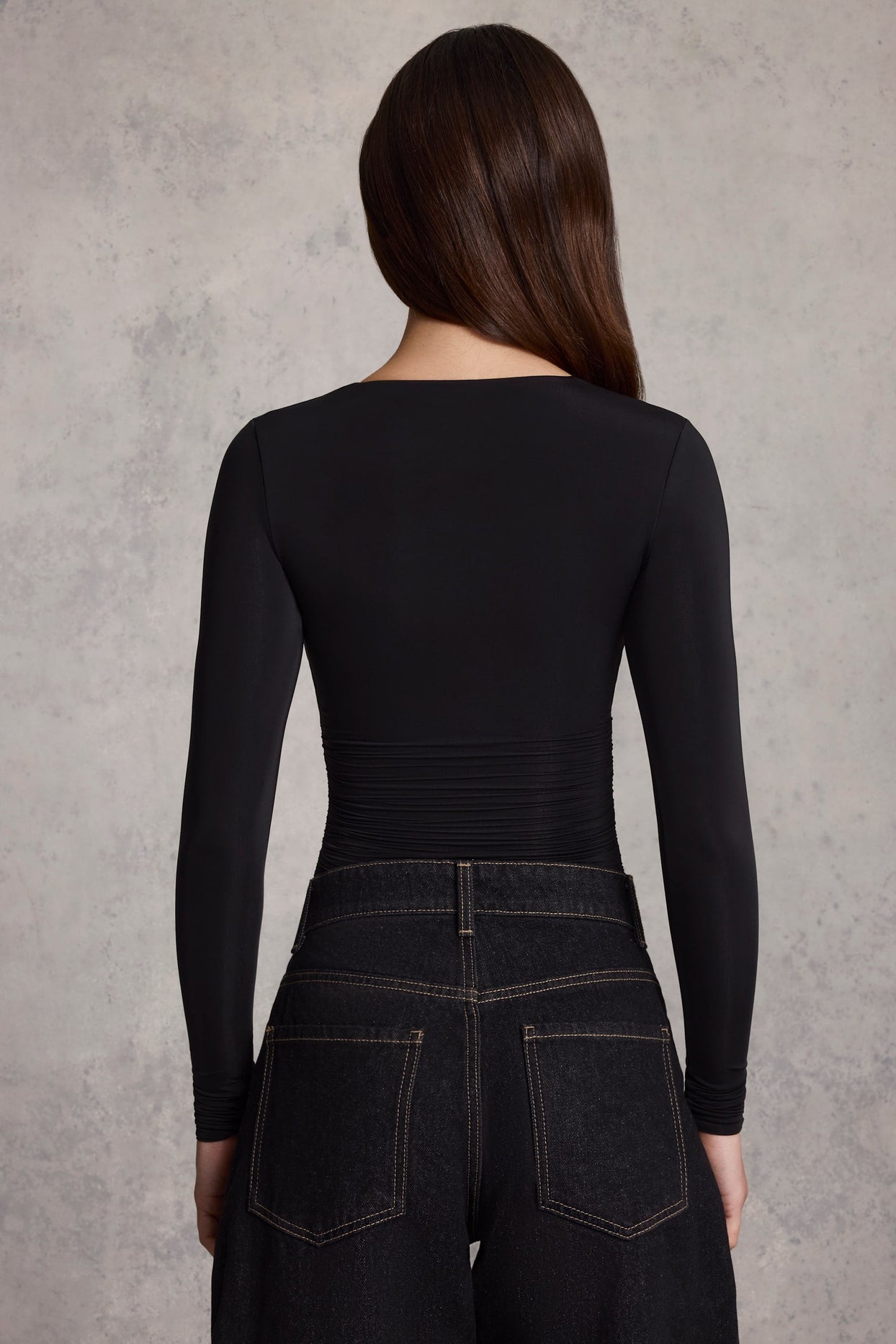 Ruched Long-Sleeve Top in Black