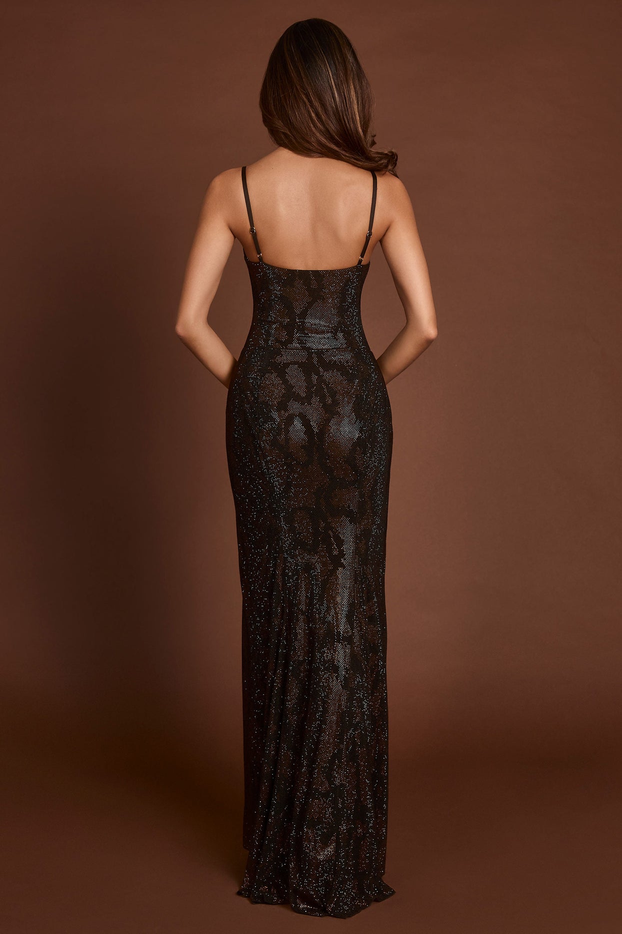 Embellished Peekaboo Cowl-Neck Dress in Brown Snake