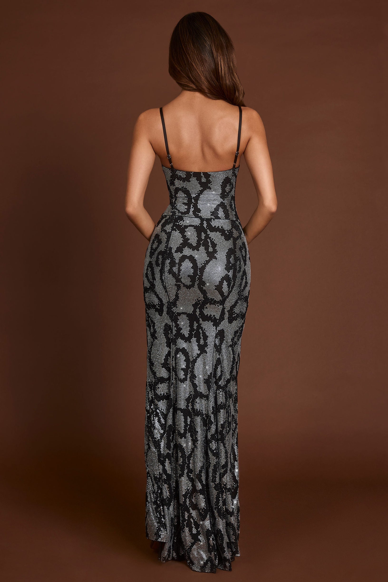 Embellished Peekaboo Cowl-Neck Dress in Silver Snake - 2