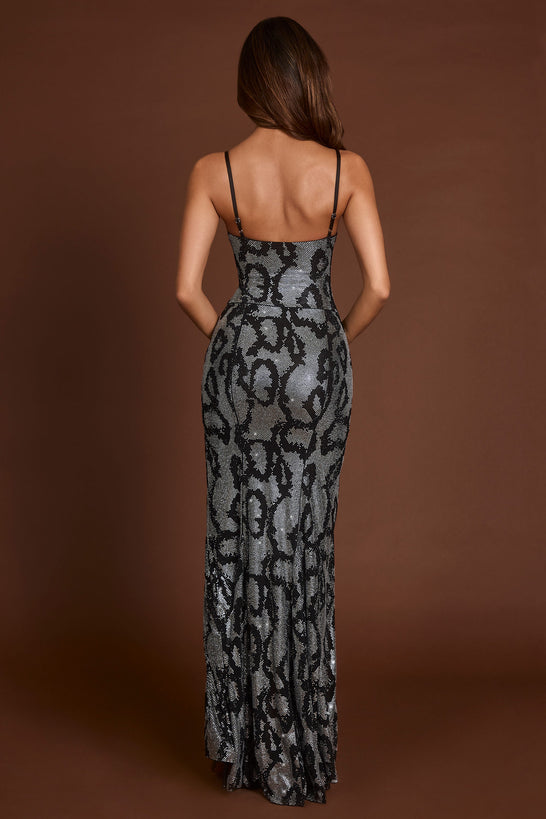 Embellished Peekaboo Cowl-Neck Dress in Silver Snake