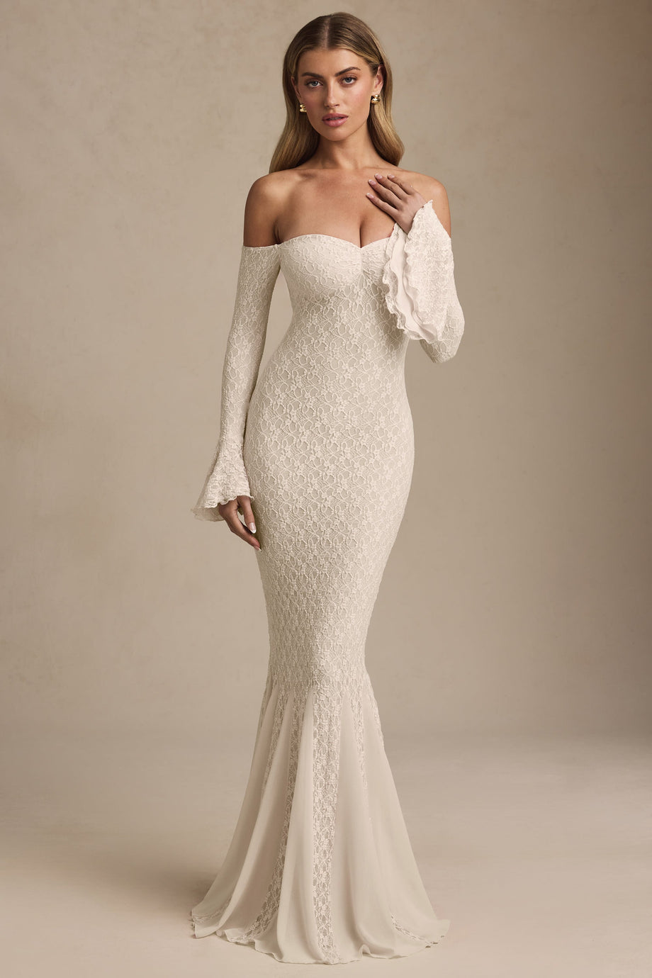 Off-Shoulder Ruffle Lace Maxi Dress in Ivory