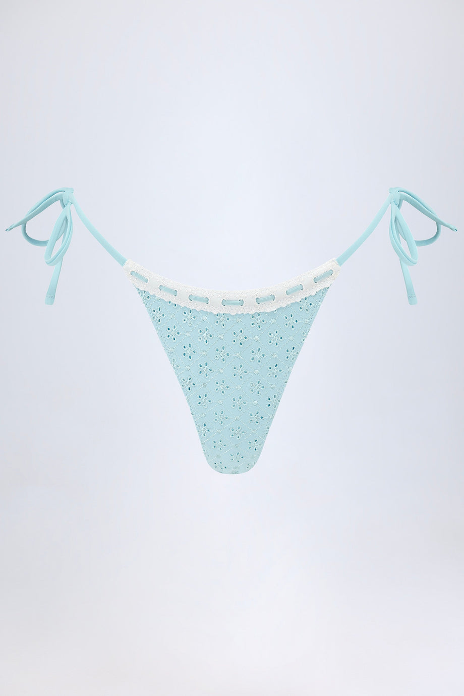 Broderie Anglaise Side-Tie Thong Bikini Bottoms in Powder Blue