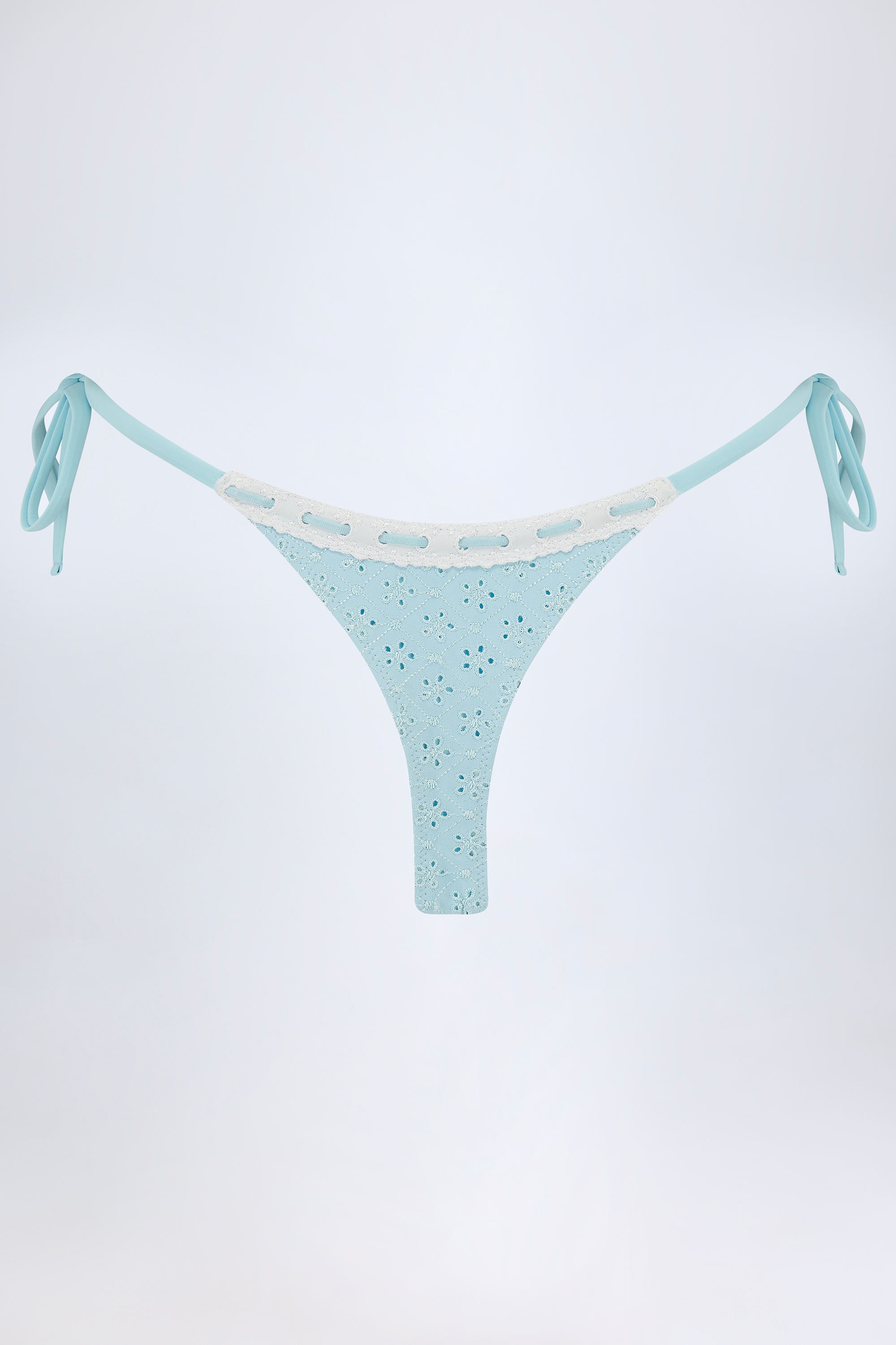 Broderie Anglaise Side-Tie Thong Bikini Bottoms in Powder Blue