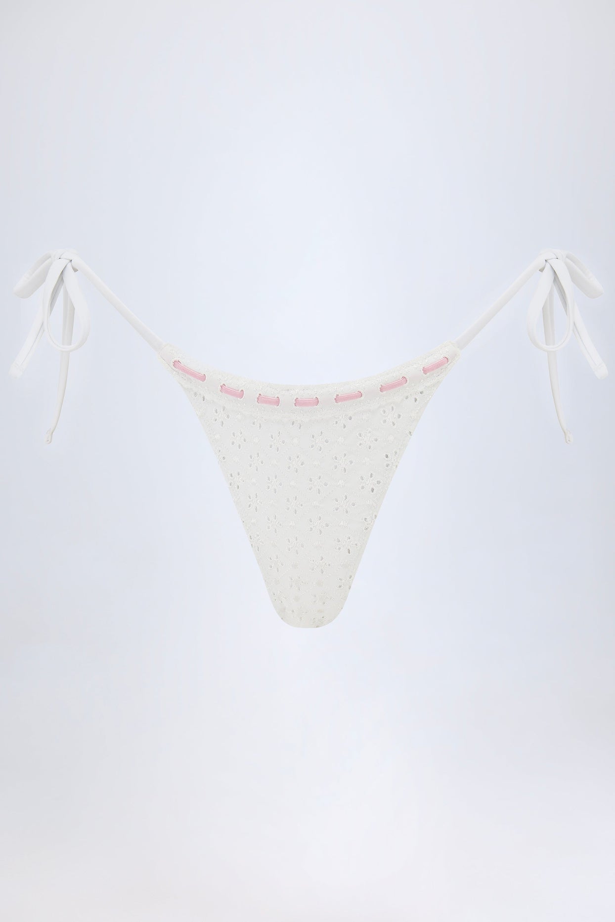Broderie Anglaise Side-Tie Thong Bikini Bottoms in White