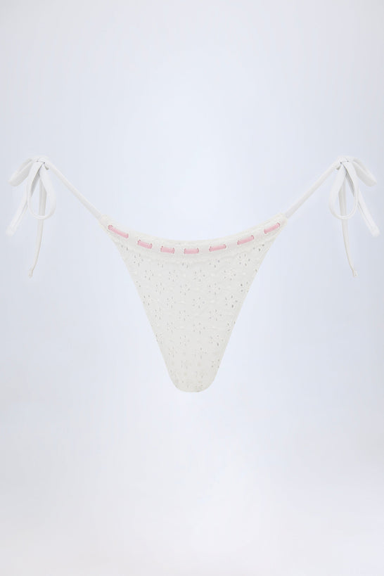 Broderie Anglaise Side-Tie Thong Bikini Bottoms in White