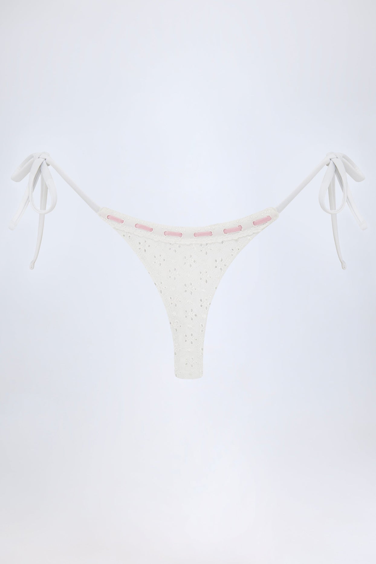Broderie Anglaise Side-Tie Thong Bikini Bottoms in White