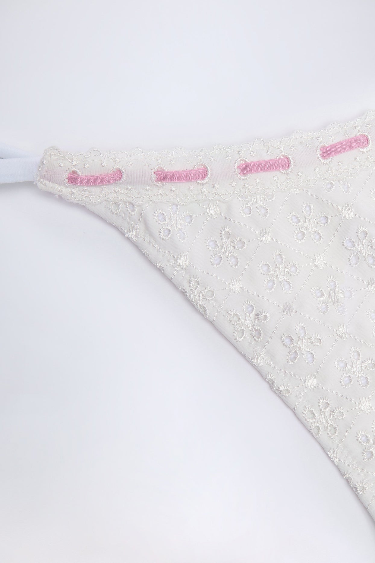Broderie Anglaise Side-Tie Thong Bikini Bottoms in White