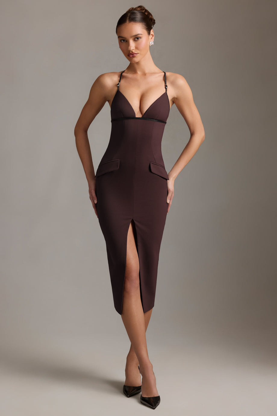 Plunge-Neck Backless Midaxi Dress in Chocolate Brown