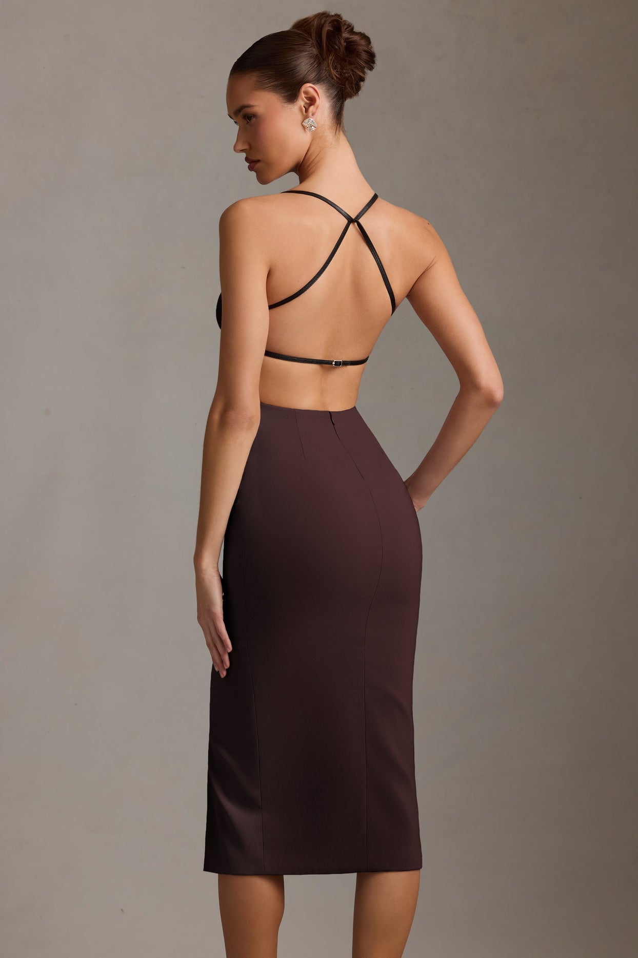 Plunge-Neck Backless Midaxi Dress in Chocolate Brown Plunge-Neck Backless Midaxi Dress in Chocolate Brown