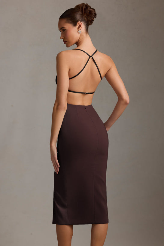 Plunge-Neck Backless Midaxi Dress in Chocolate Brown