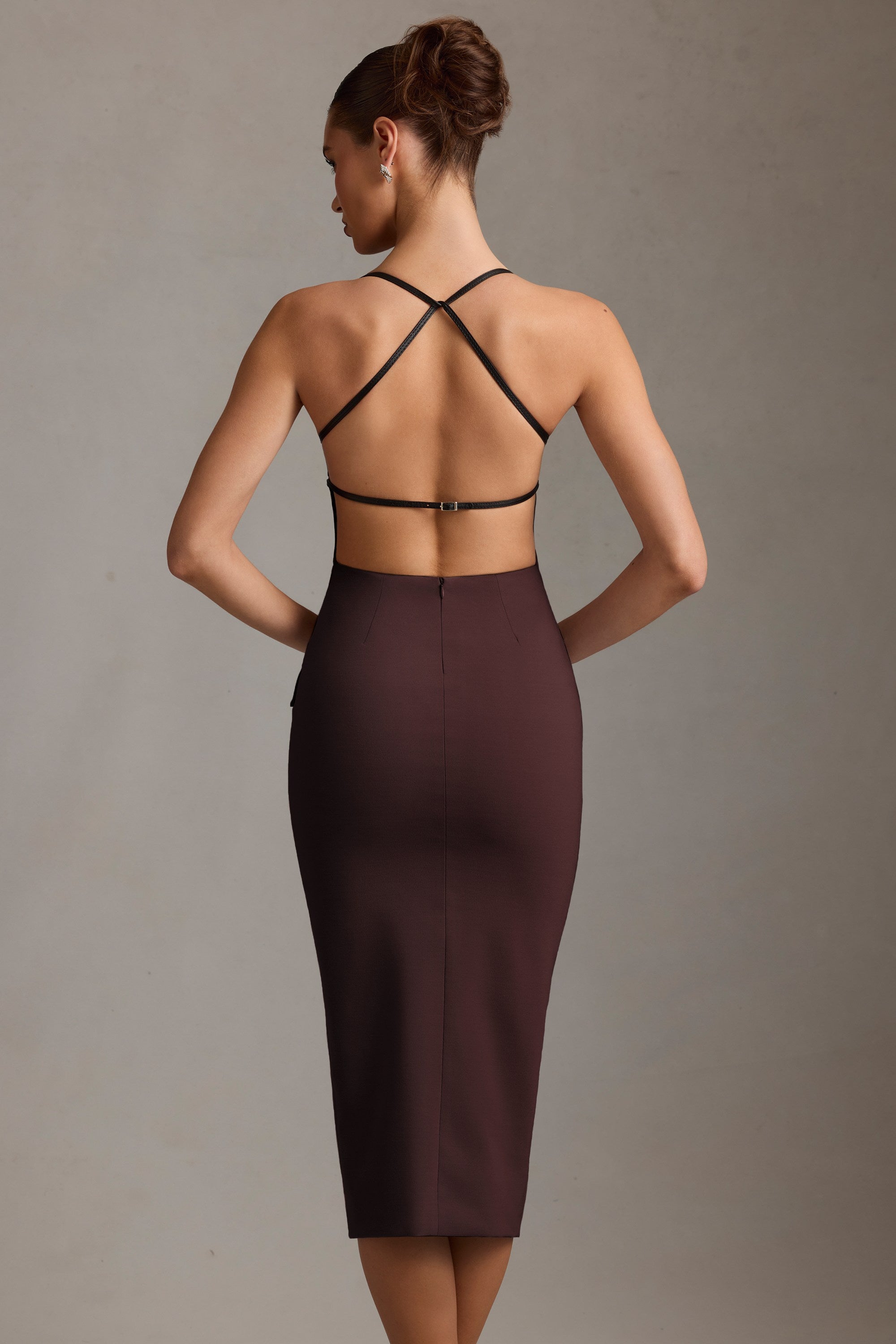 Plunge-Neck Backless Midaxi Dress in Chocolate Brown