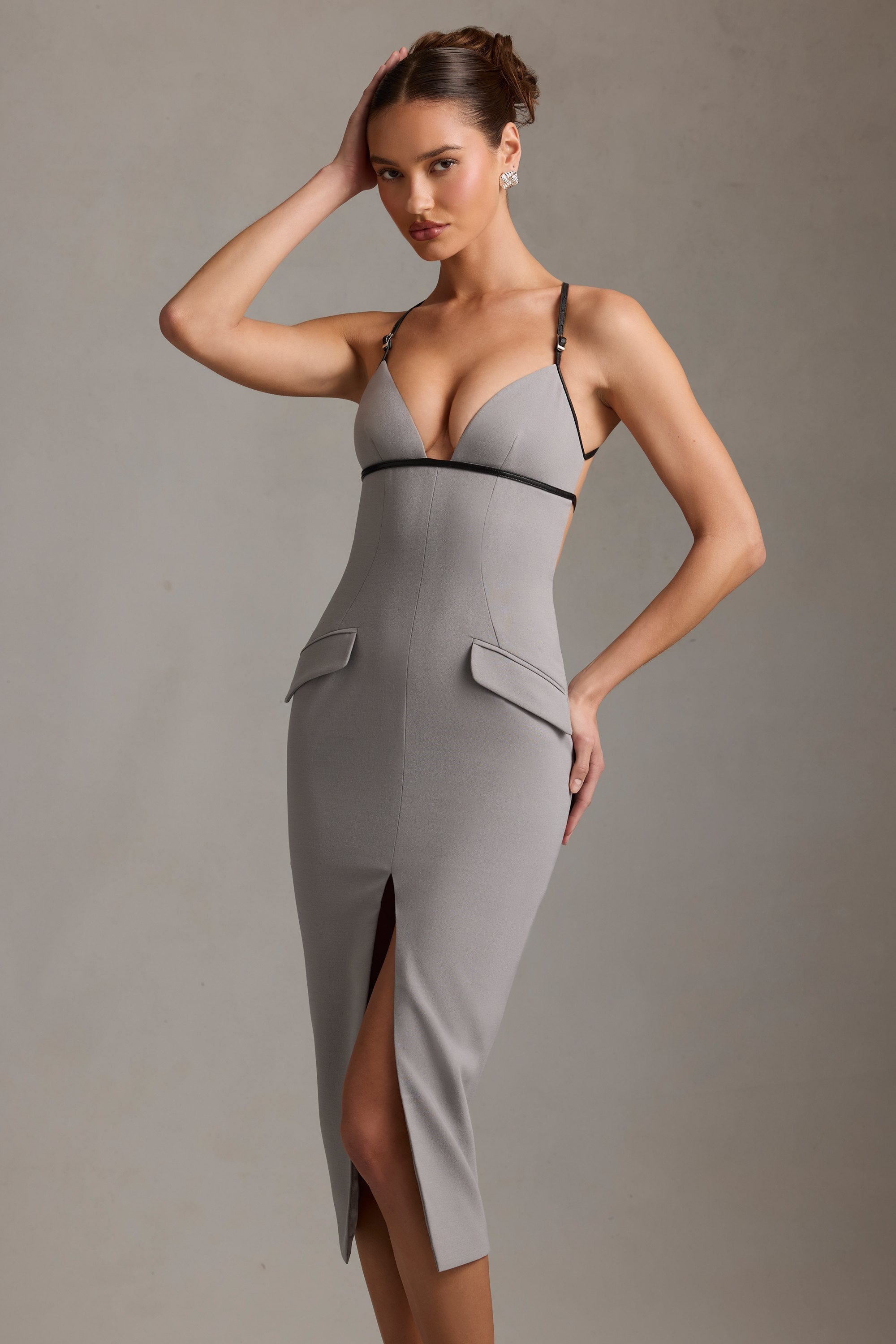 Plunge-Neck Backless Midaxi Dress in Grey