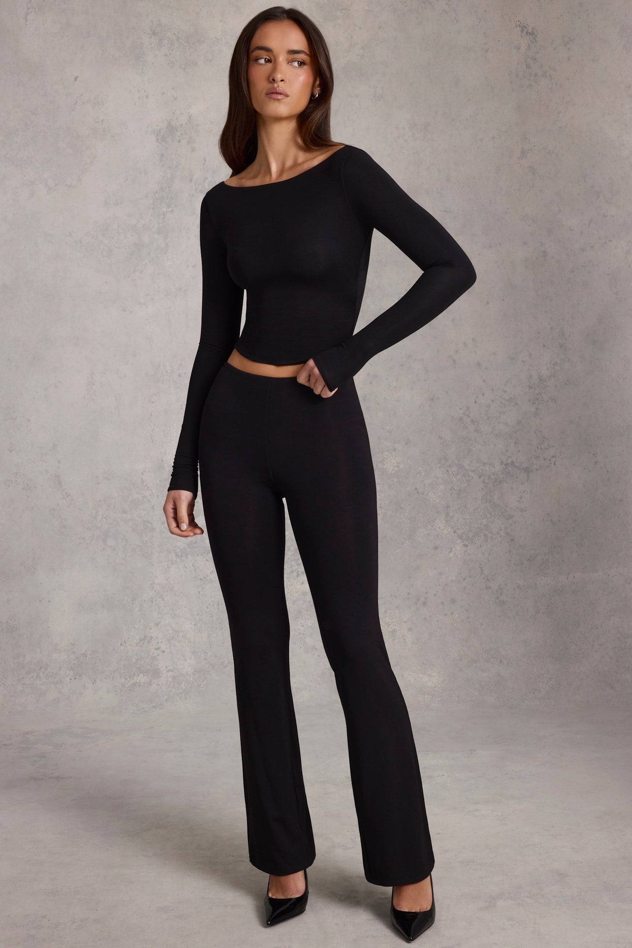 Modal Ruched Flared Trousers in Black