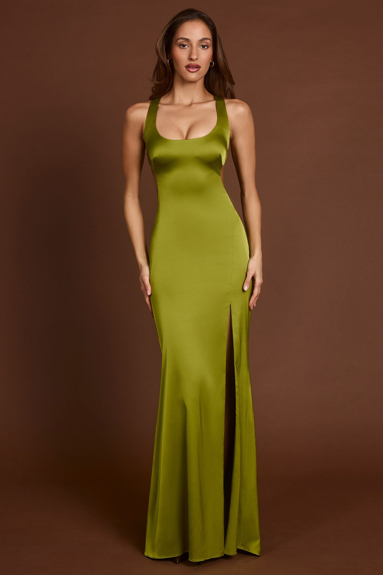 Scoop-Neck Lace-up Back Maxi Dress in Olive Green