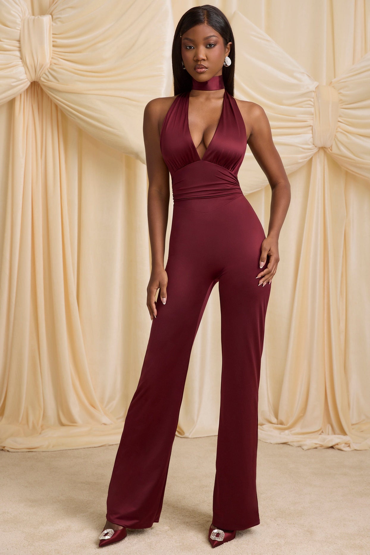 Petite Scarf-Detail Halterneck Jumpsuit in Wine Red