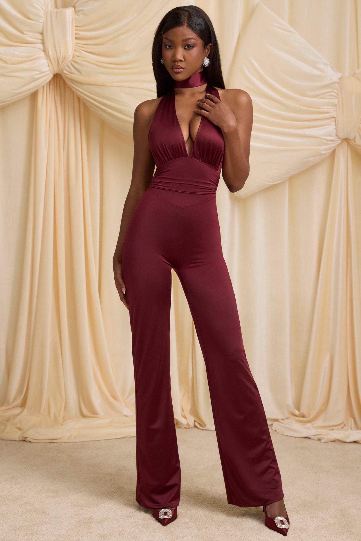 Petite Scarf-Detail Halterneck Jumpsuit in Wine Red